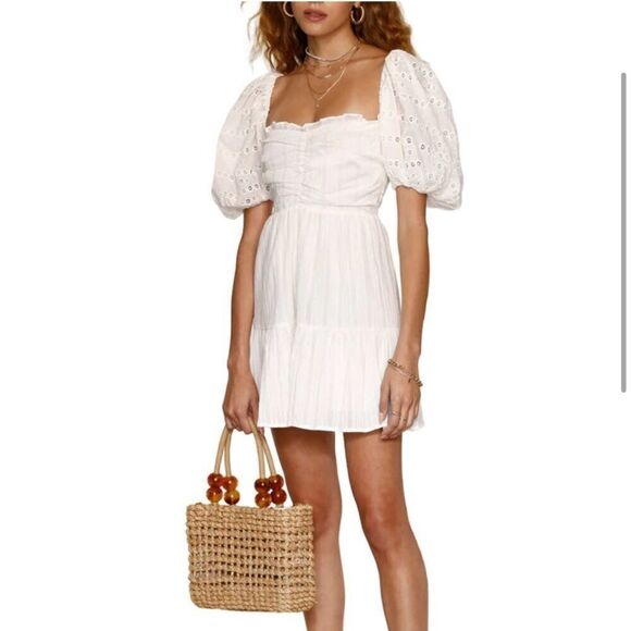 HEARTLOOM Cella Embroidered Eyelet Puff Sleeves Smocked Tiered Mini Dress NWT M - Picture 3 of 12